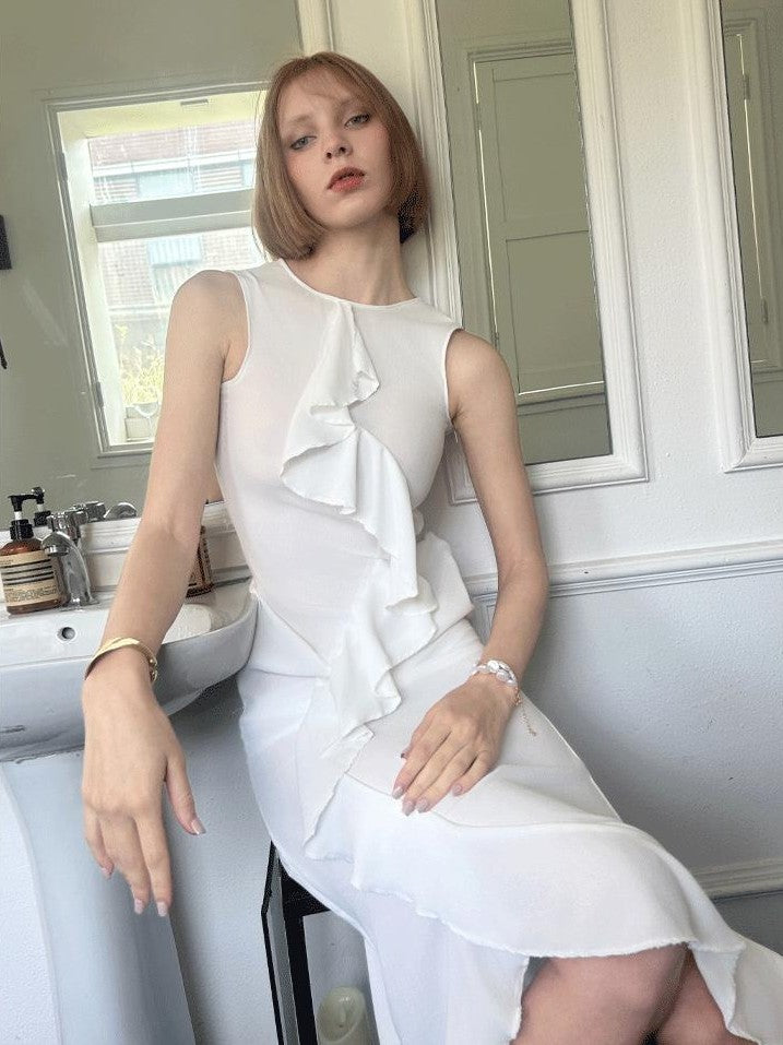 GGLOYDIUS White Ruffle Asymmetrical Sleeveless Women's Polyester Casual Maxi Dresses