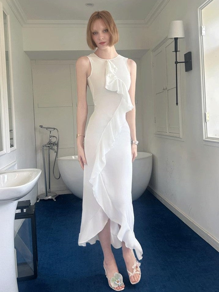 GGLOYDIUS White Ruffle Asymmetrical Sleeveless Women's Polyester Casual Maxi Dresses