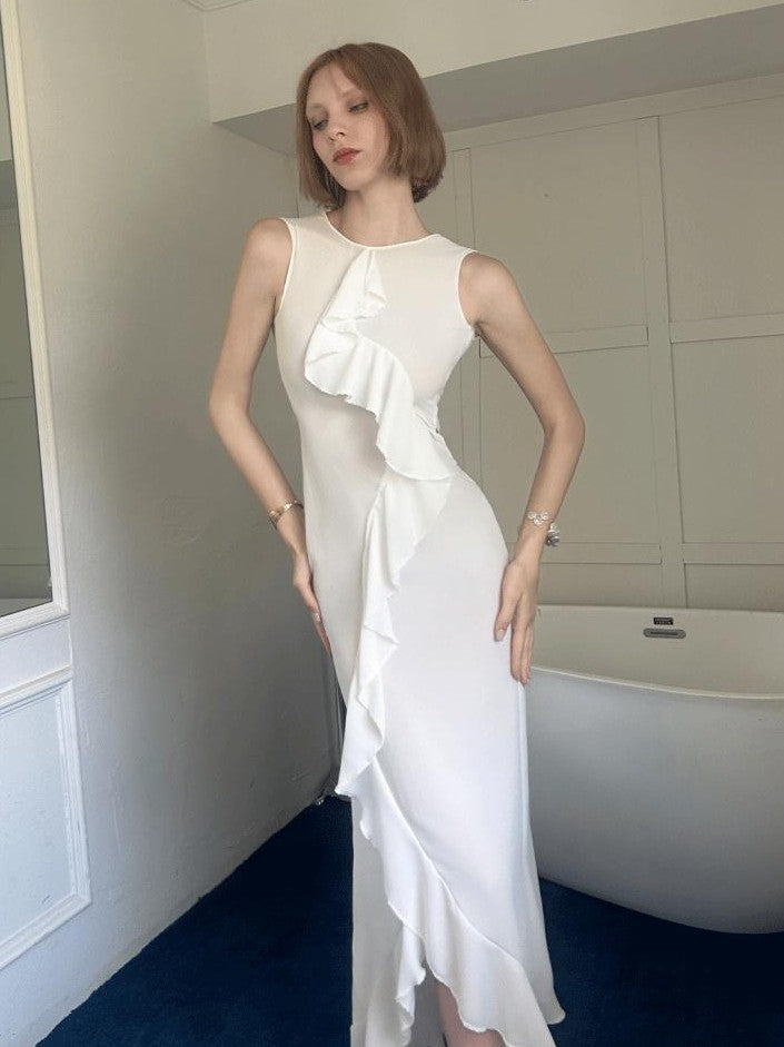 GGLOYDIUS White Ruffle Asymmetrical Sleeveless Women's Polyester Casual Maxi Dresses