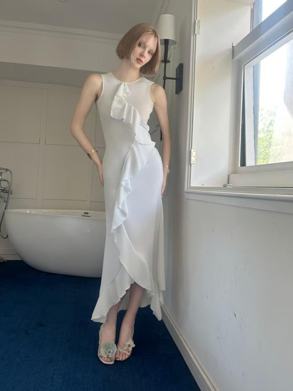GGLOYDIUS White Ruffle Asymmetrical Sleeveless Women's Polyester Casual Maxi Dresses