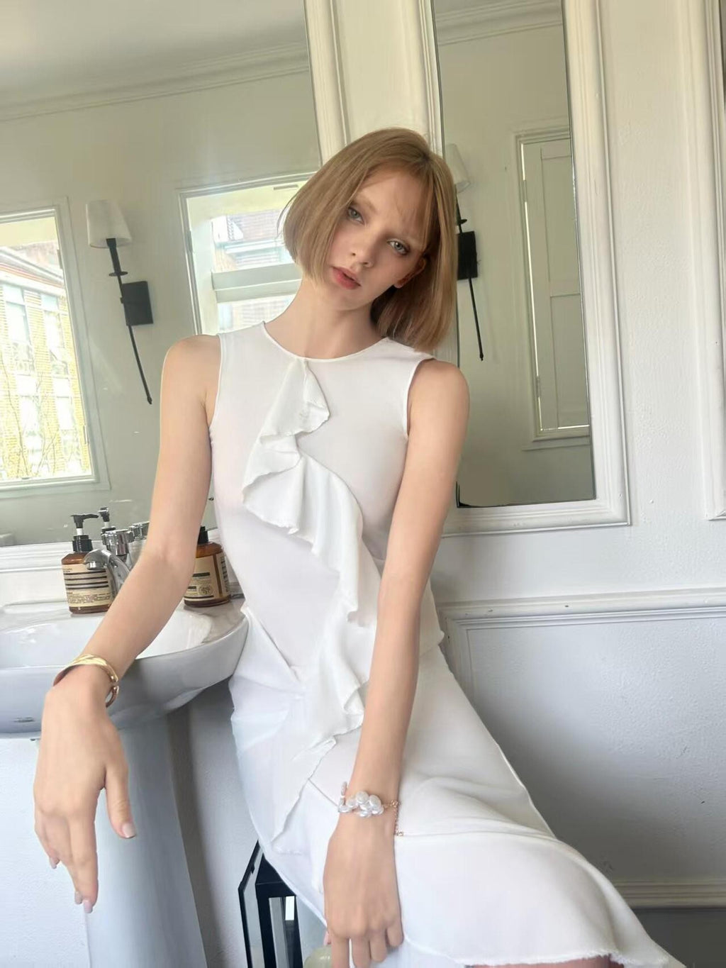 GGLOYDIUS White Ruffle Asymmetrical Sleeveless Women's Polyester Casual Maxi Dresses
