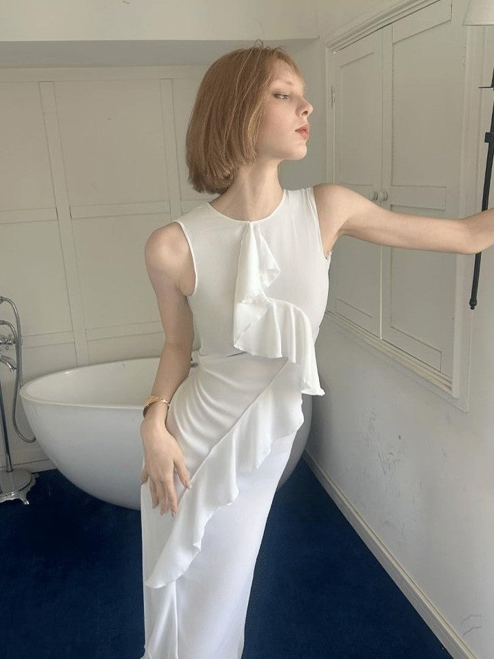 GGLOYDIUS White Ruffle Asymmetrical Sleeveless Women's Polyester Casual Maxi Dresses