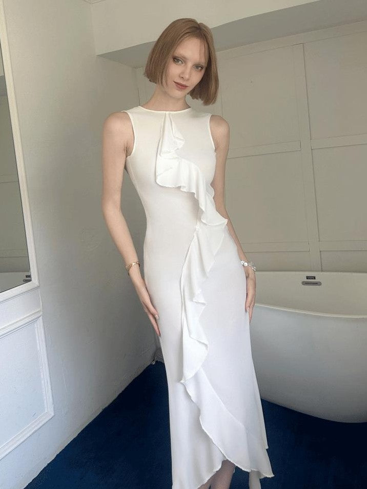 GGLOYDIUS White Ruffle Asymmetrical Sleeveless Women's Polyester Casual Maxi Dresses