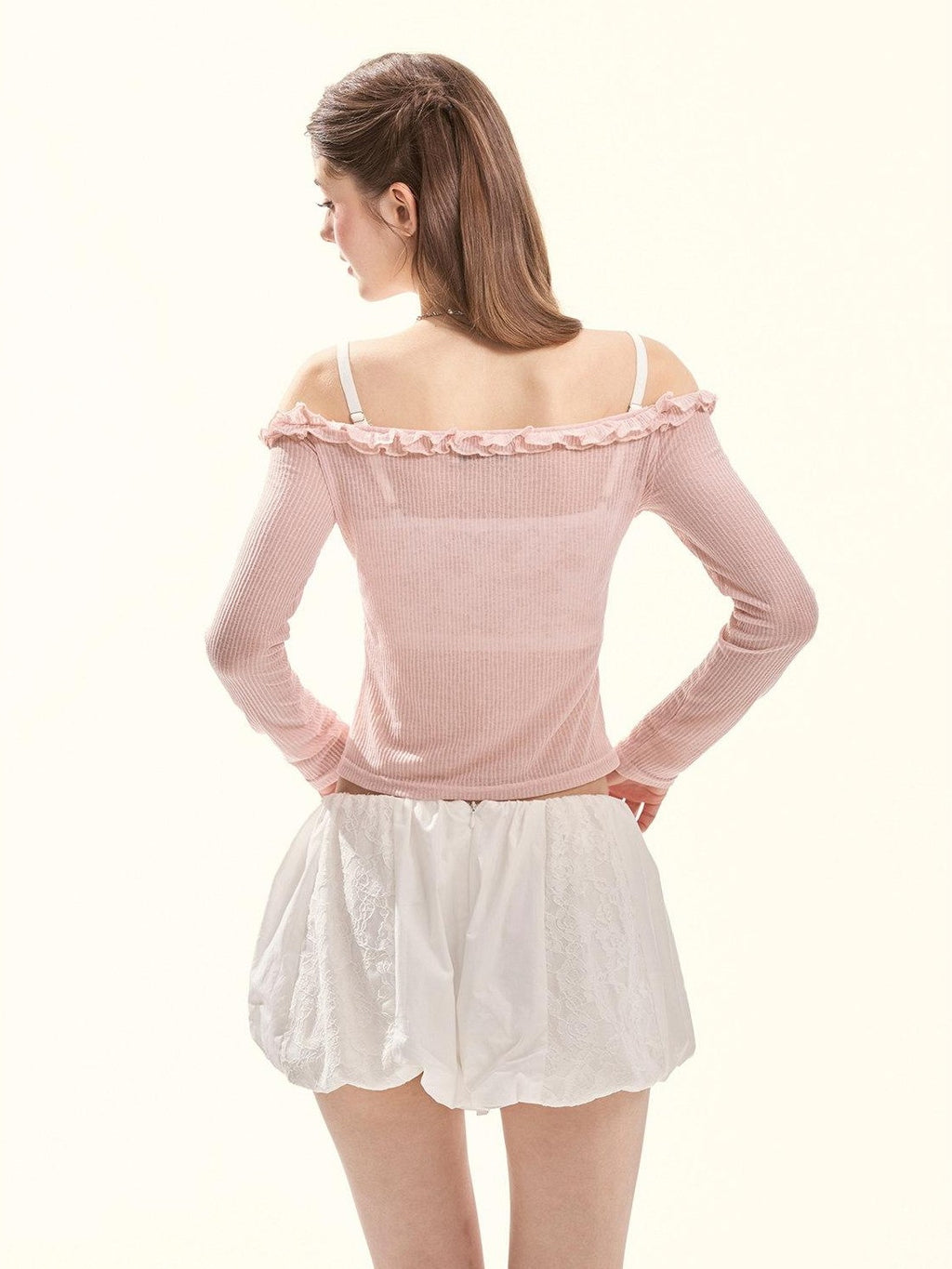GirlyFancyClub Colorblock Ruffle Faux Layered Padded Off Shoulder Women's Long Sleeve T-shirts