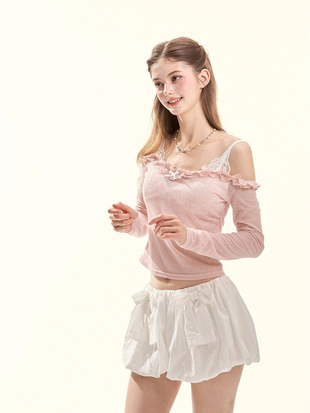 GirlyFancyClub Colorblock Ruffle Faux Layered Padded Off Shoulder Women's Long Sleeve T-shirts