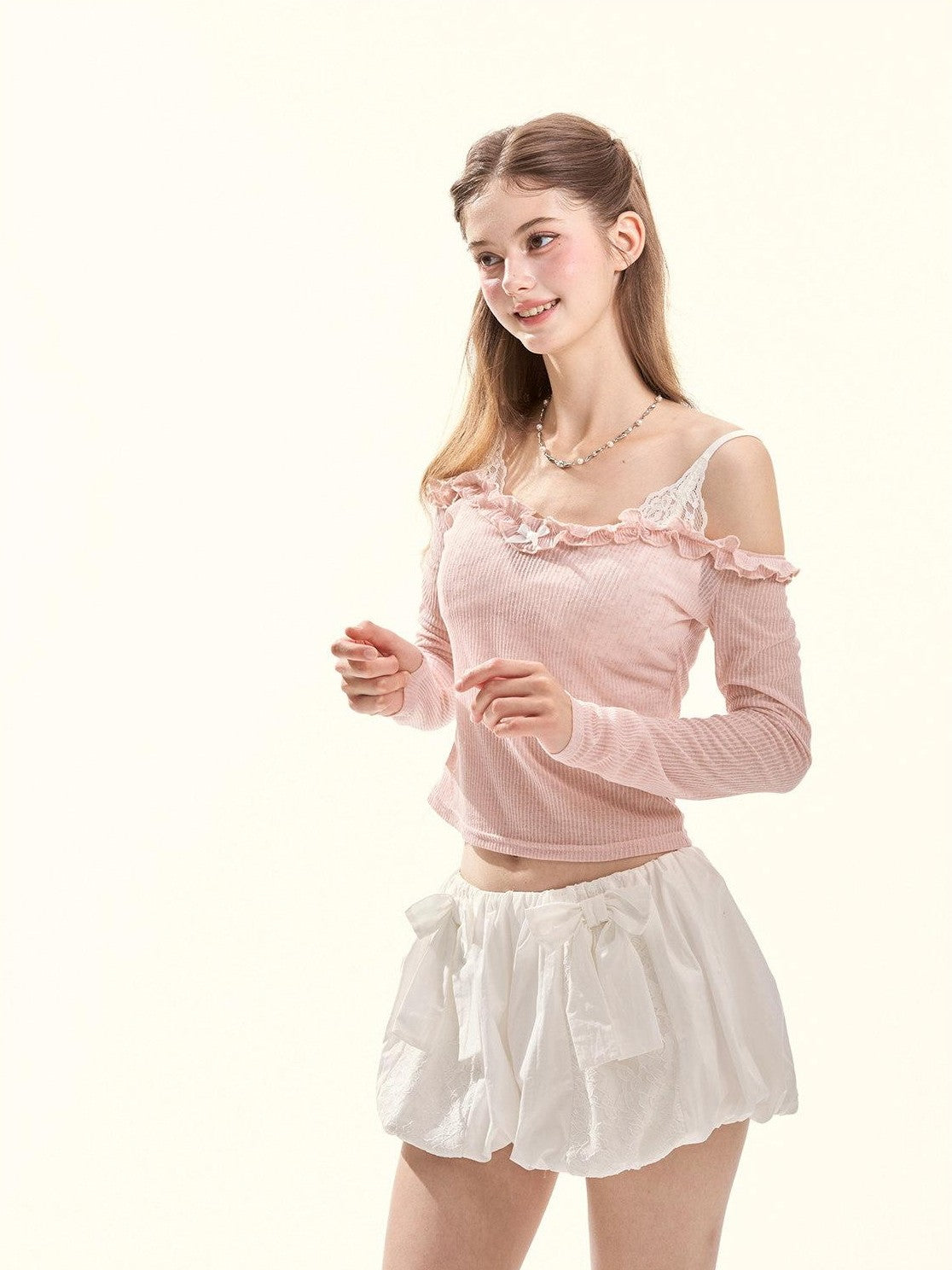 GirlyFancyClub Colorblock Ruffle Faux Layered Padded Off Shoulder Women's Long Sleeve T-shirts