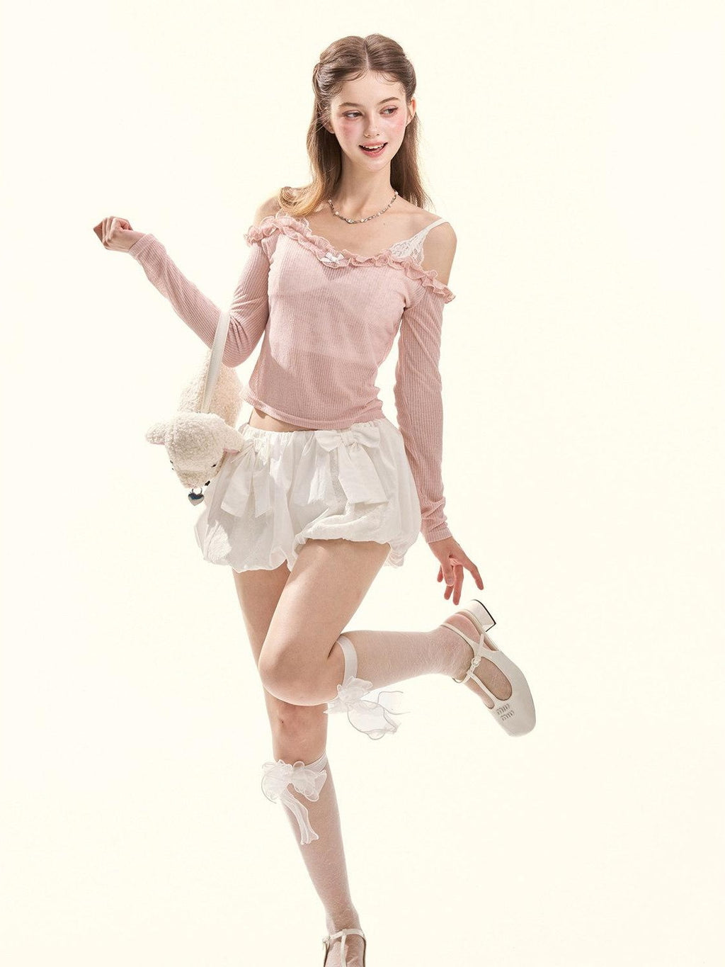 GirlyFancyClub Colorblock Ruffle Faux Layered Padded Off Shoulder Women's Long Sleeve T-shirts