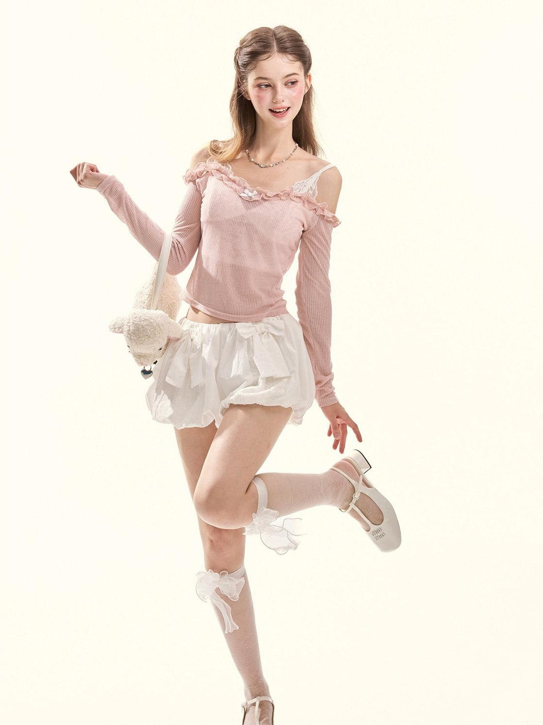 GirlyFancyClub Colorblock Ruffle Faux Layered Padded Off Shoulder Women's Long Sleeve T-shirts