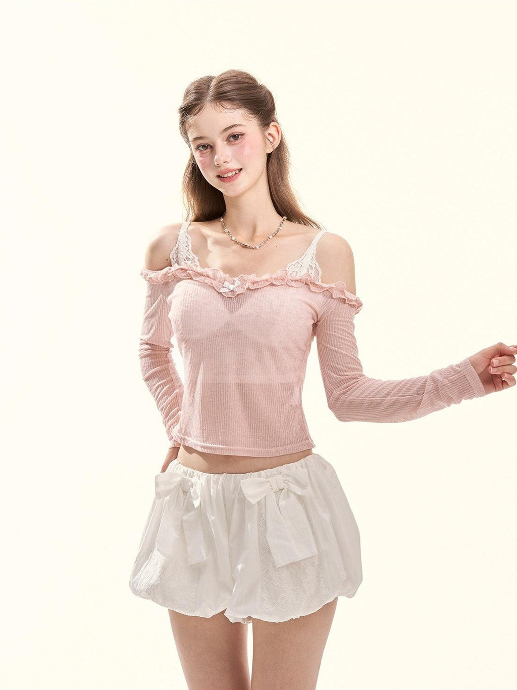 GirlyFancyClub Colorblock Ruffle Faux Layered Padded Off Shoulder Women's Long Sleeve T-shirts