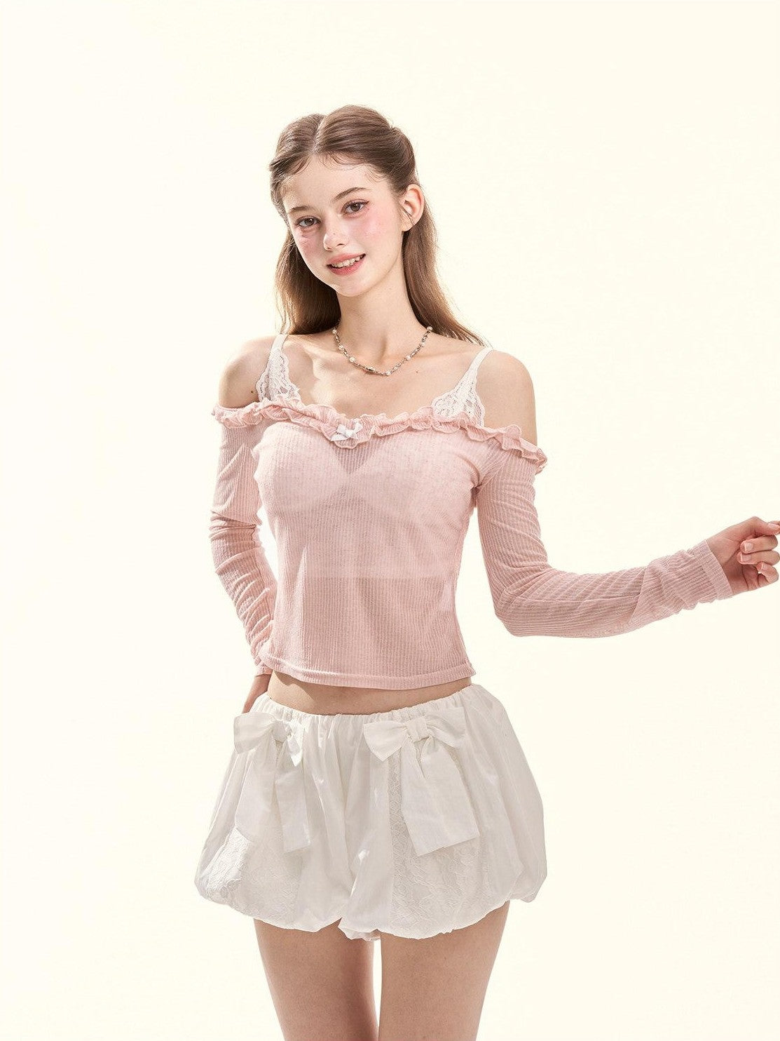 GirlyFancyClub Colorblock Ruffle Faux Layered Padded Off Shoulder Women's Long Sleeve T-shirts