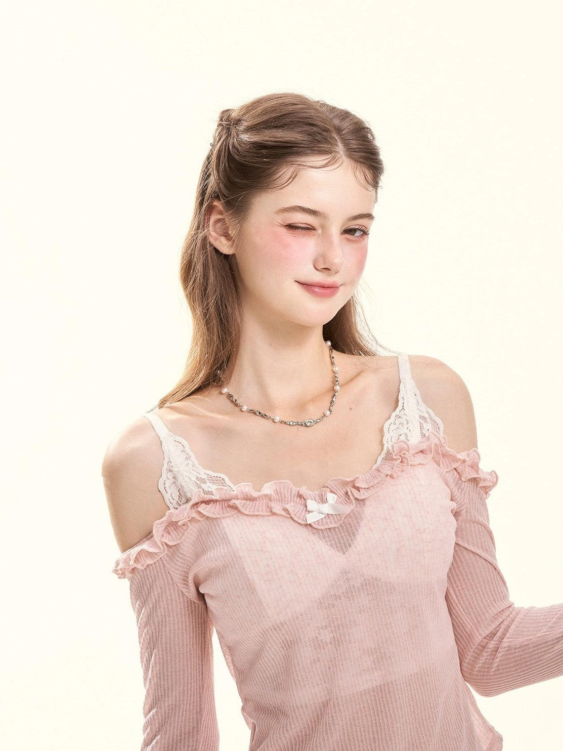 GirlyFancyClub Colorblock Ruffle Faux Layered Padded Off Shoulder Women's Long Sleeve T-shirts