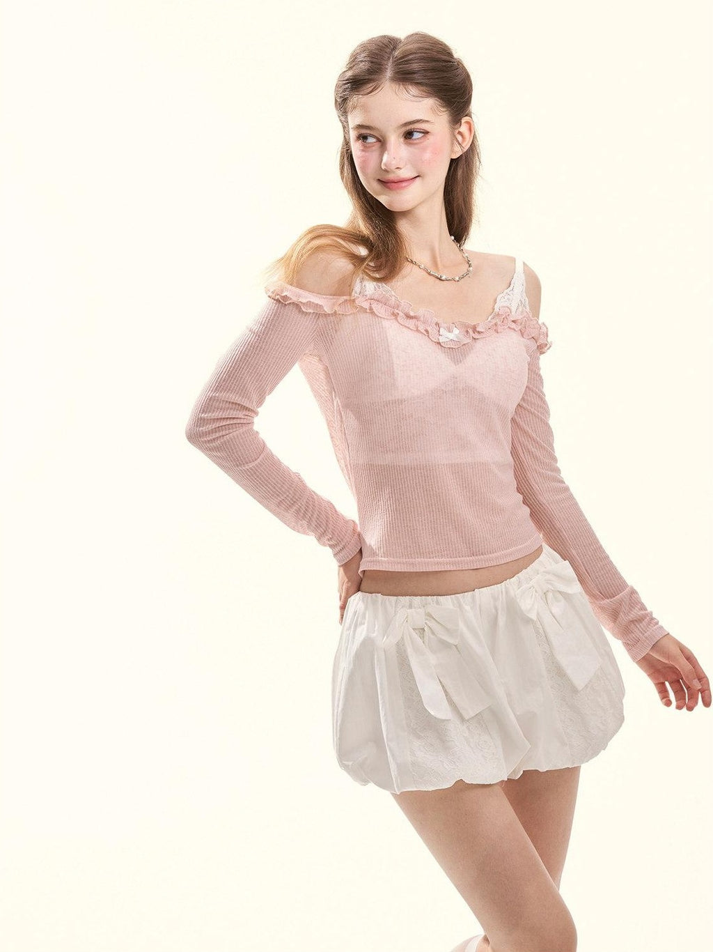 GirlyFancyClub Colorblock Ruffle Faux Layered Padded Off Shoulder Women's Long Sleeve T-shirts