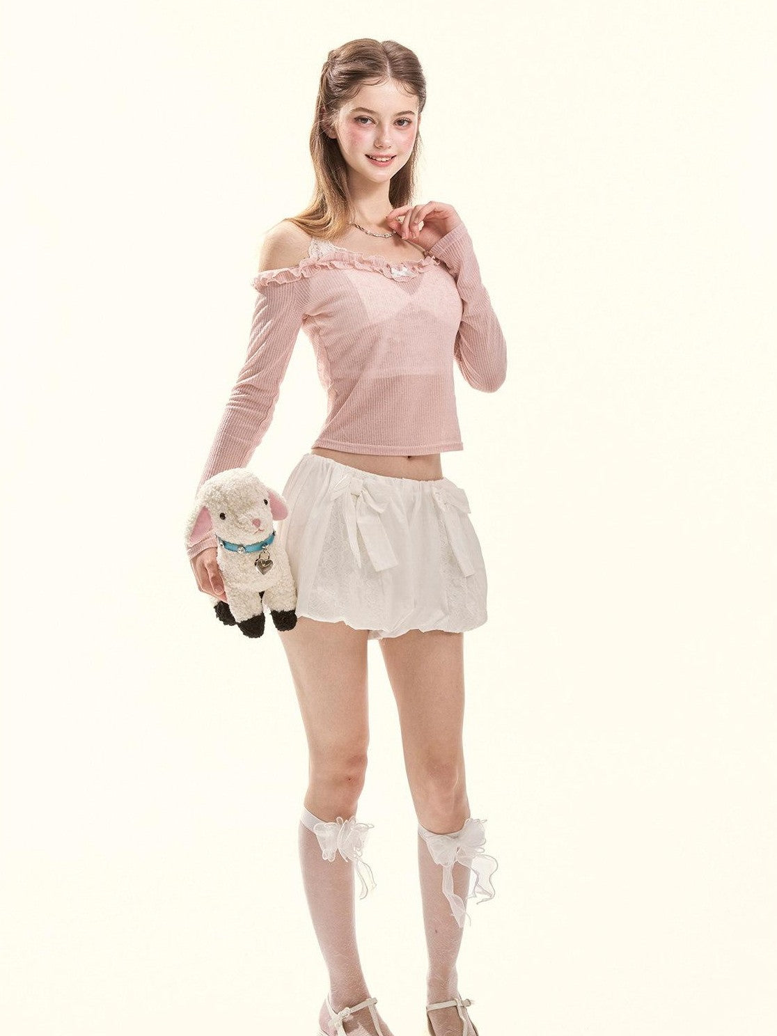 GirlyFancyClub Colorblock Ruffle Faux Layered Padded Off Shoulder Women's Long Sleeve T-shirts