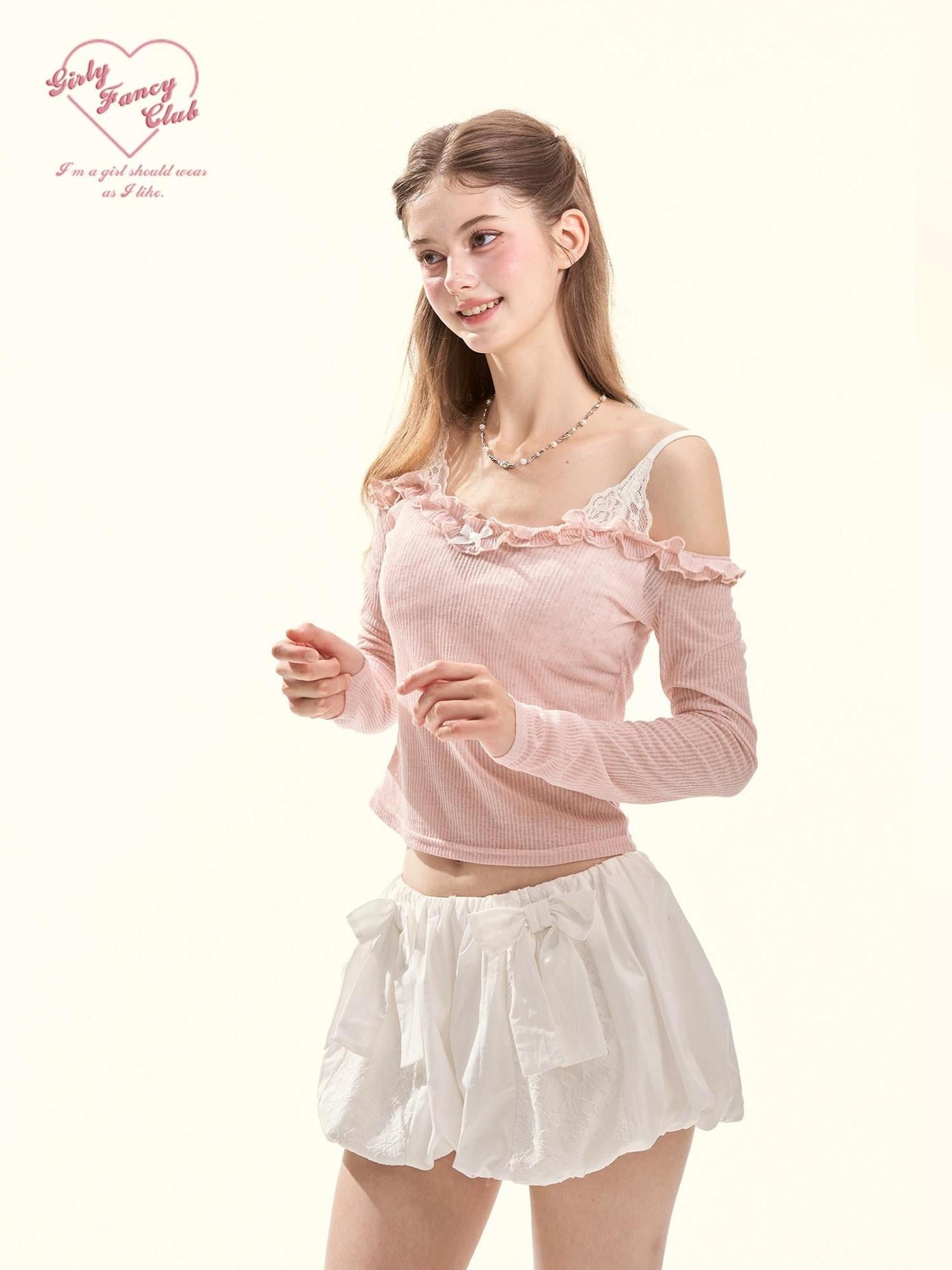 GirlyFancyClub Colorblock Ruffle Faux Layered Padded Off Shoulder Women's Long Sleeve T-shirts