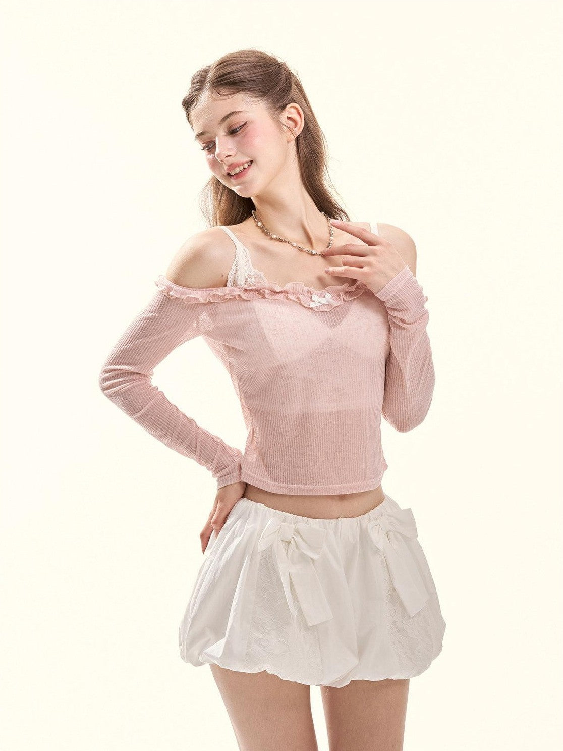 GirlyFancyClub Colorblock Ruffle Faux Layered Padded Off Shoulder Women's Long Sleeve T-shirts