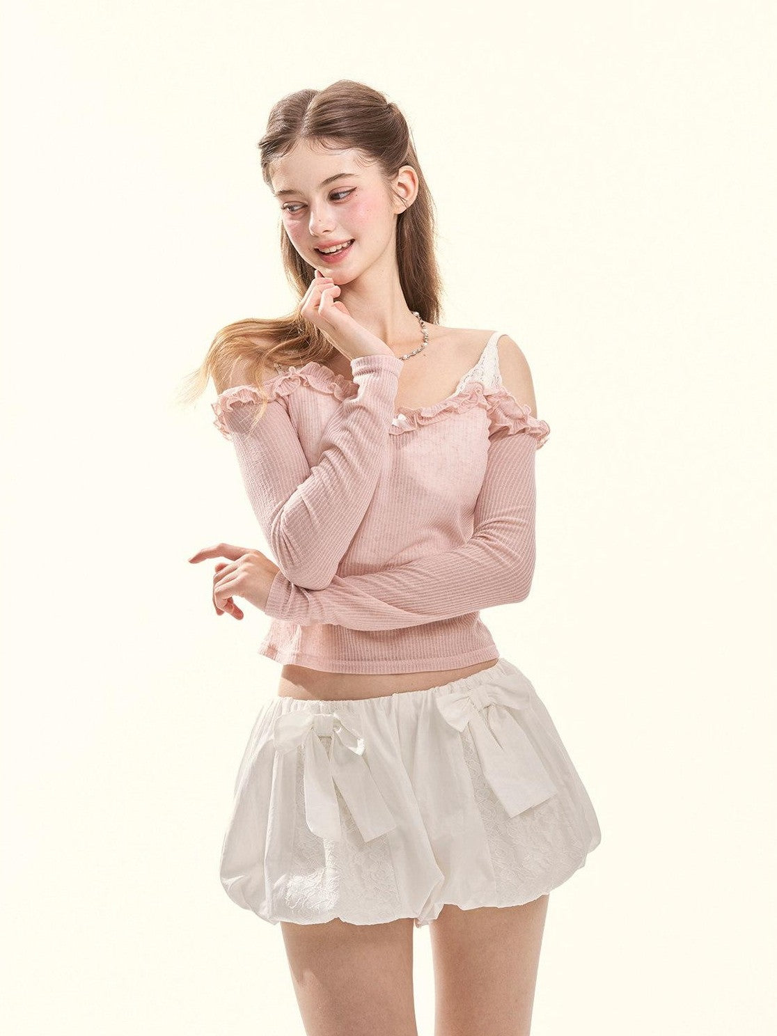 GirlyFancyClub Colorblock Ruffle Faux Layered Padded Off Shoulder Women's Long Sleeve T-shirts