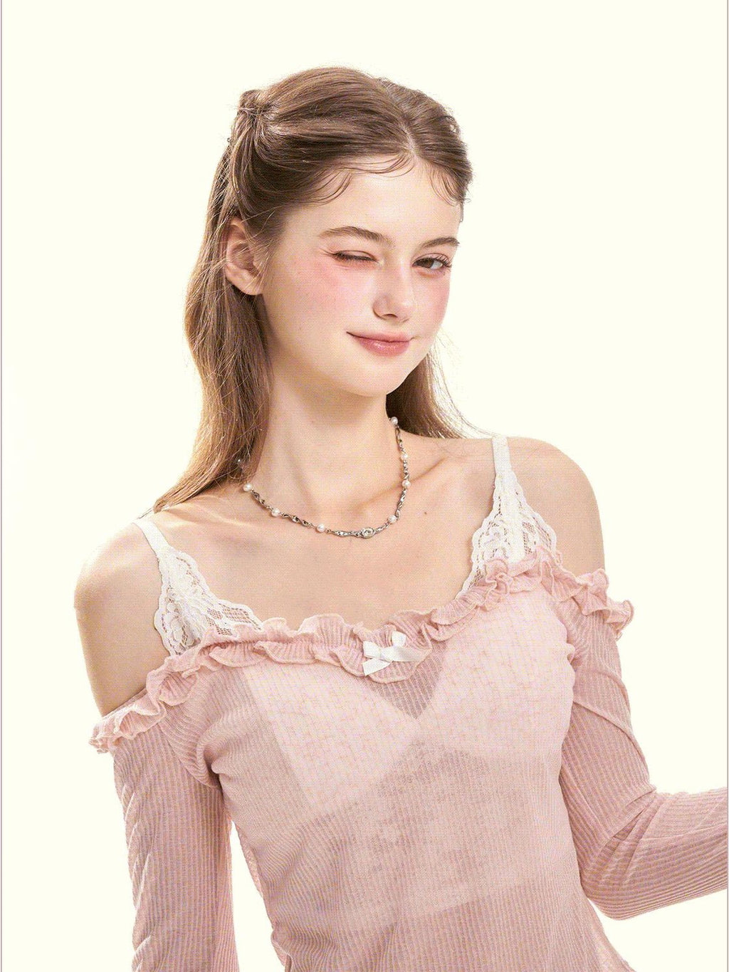 GirlyFancyClub Colorblock Ruffle Faux Layered Padded Off Shoulder Women's Long Sleeve T-shirts