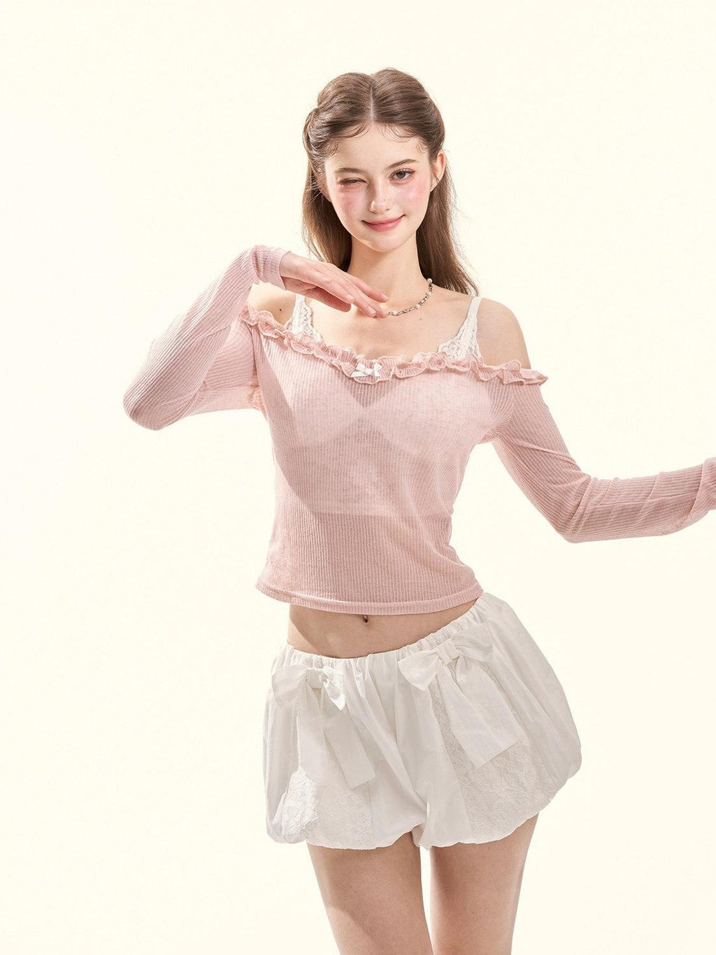 GirlyFancyClub Colorblock Ruffle Faux Layered Padded Off Shoulder Women's Long Sleeve T-shirts