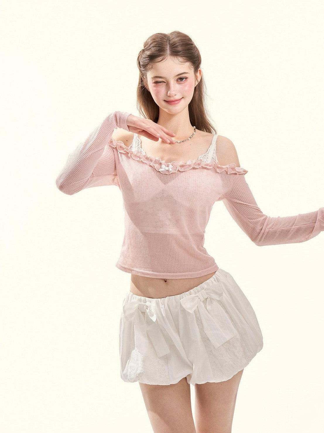 GirlyFancyClub Colorblock Ruffle Faux Layered Padded Off Shoulder Women's Long Sleeve T-shirts
