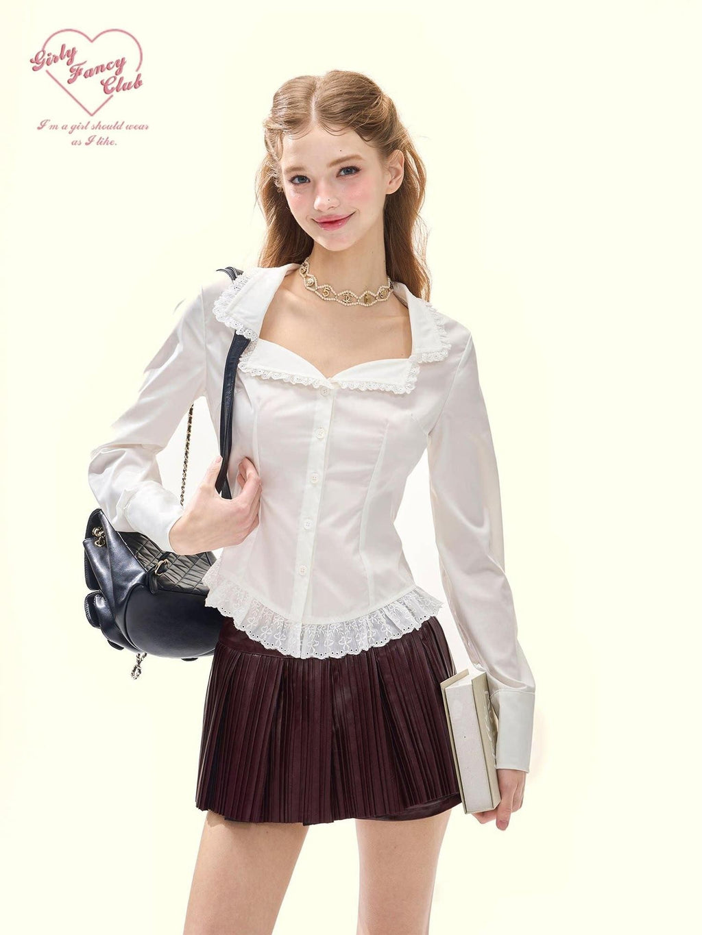 GirlyFancyClub White Embroidered Lace Collared Cinched Waist Long Sleeve Women's Cotton Blouses