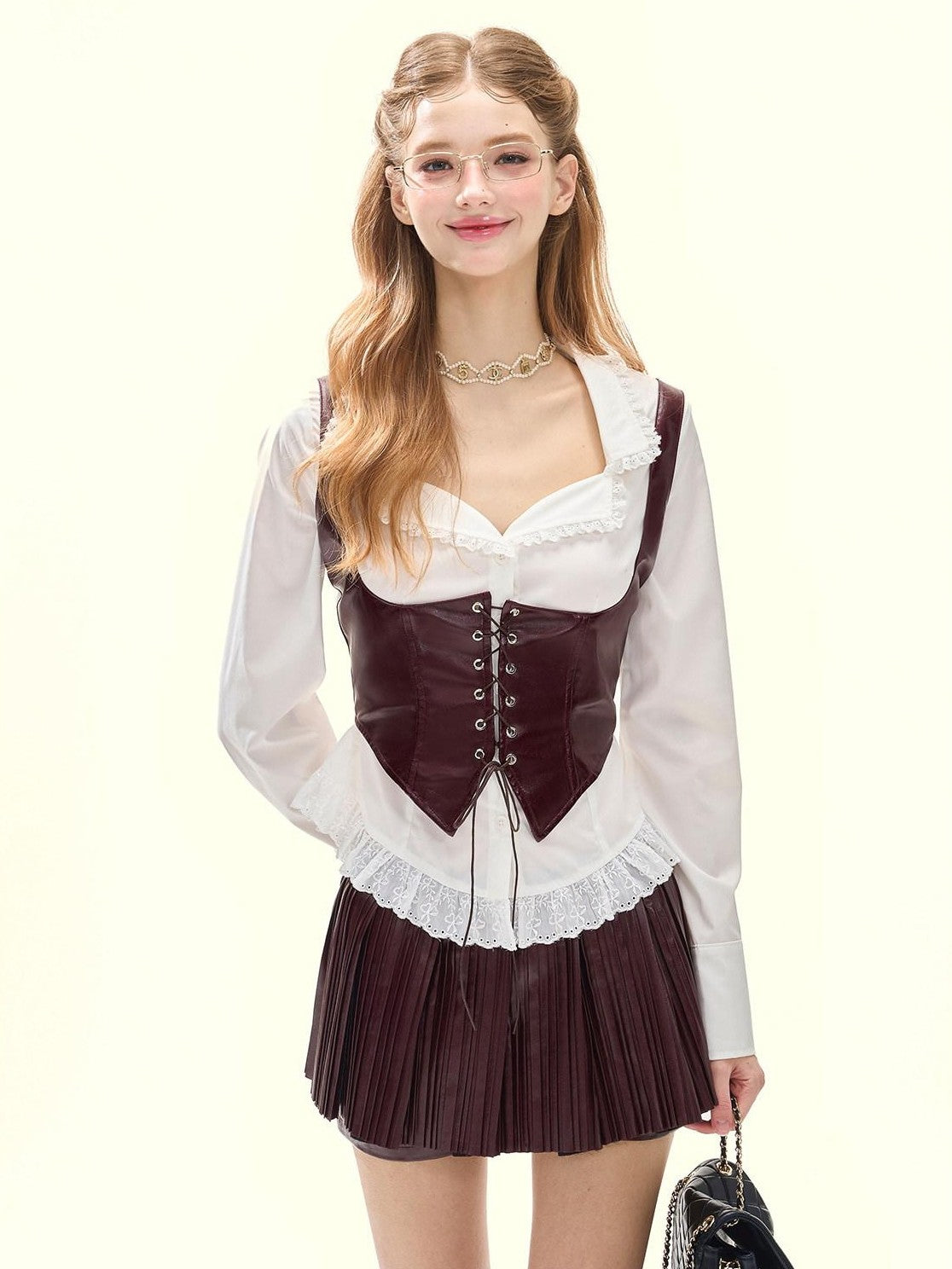 GirlyFancyClub White Embroidered Lace Collared Cinched Waist Long Sleeve Women's Cotton Blouses