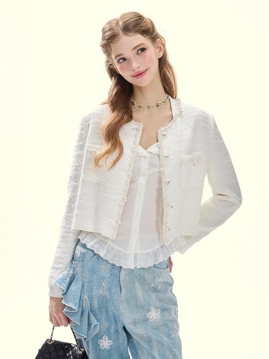 GirlyFancyClub White Embroidered Lace Collared Cinched Waist Long Sleeve Women's Cotton Blouses