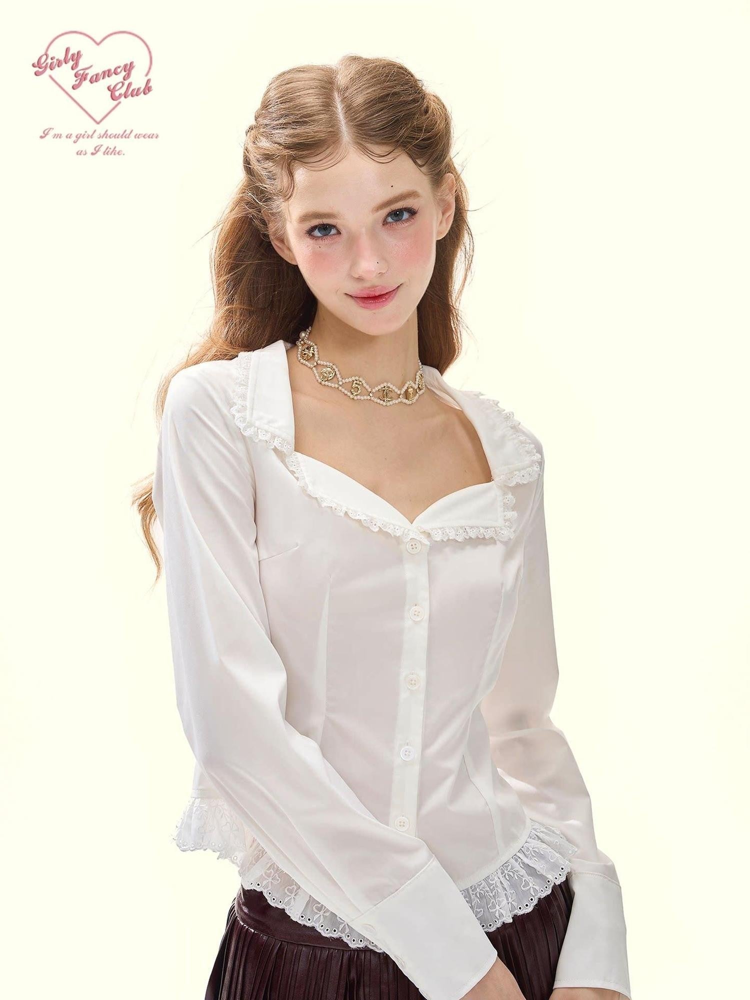 GirlyFancyClub White Embroidered Lace Collared Cinched Waist Long Sleeve Women's Cotton Blouses