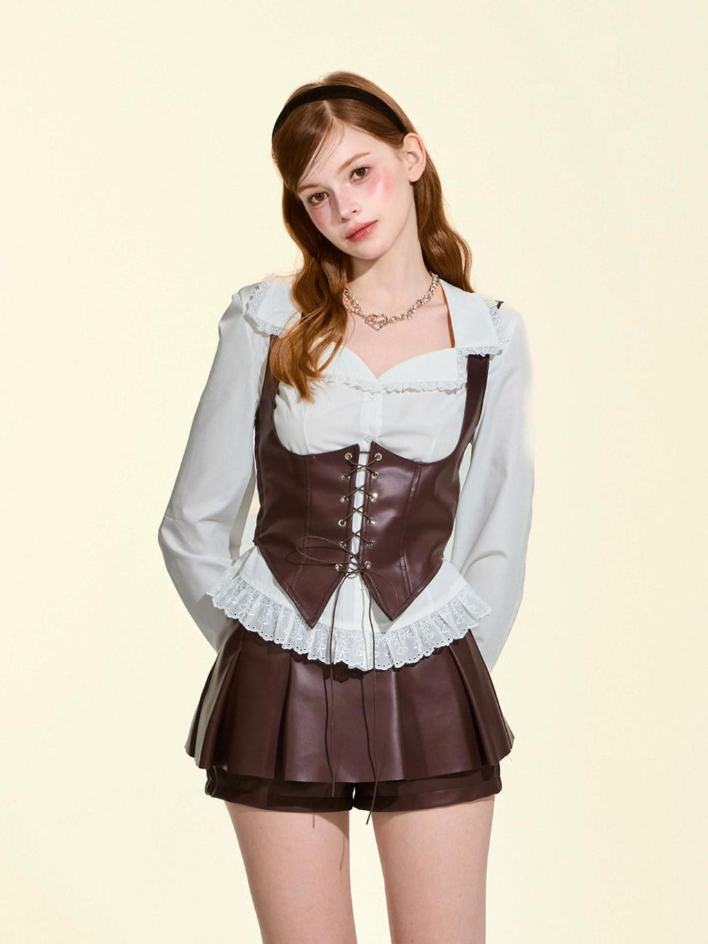GirlyFancyClub White Embroidered Lace Collared Cinched Waist Long Sleeve Women's Cotton Blouses