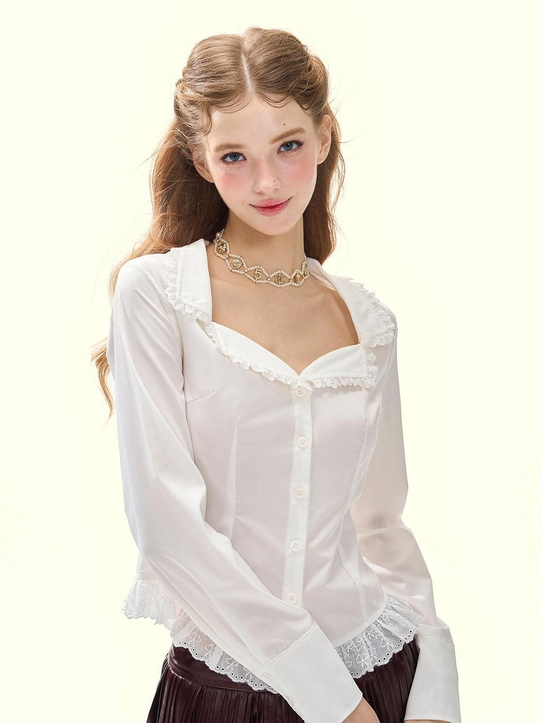 GirlyFancyClub White Embroidered Lace Collared Cinched Waist Long Sleeve Women's Cotton Blouses