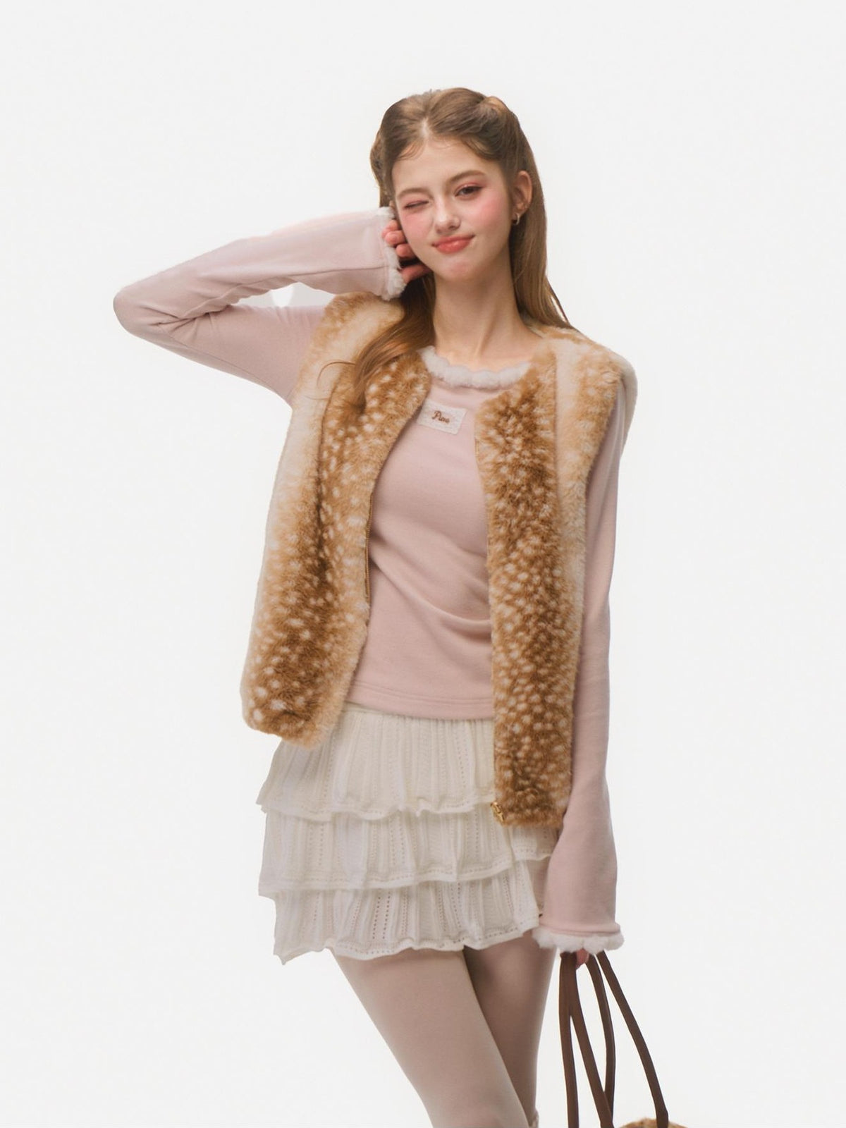 Girly Fancy Club Animal Print Faux Fur Zip Up Round Neck Women's Polyester Vests