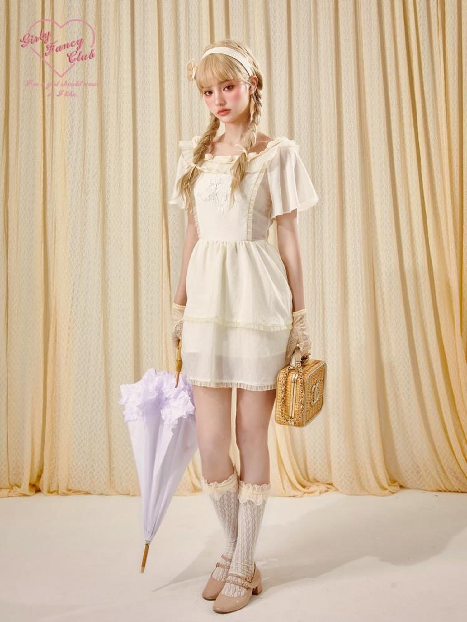 Girly Fancy Club Antique Doll Embroidered Ruffle Sleeve French Waist Women's Casual Mini Dresses