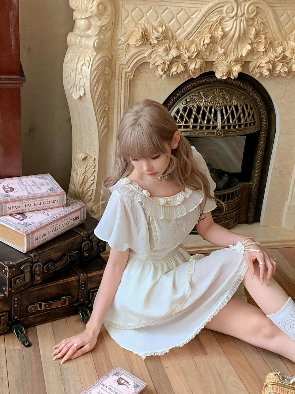 Girly Fancy Club Antique Doll Embroidered Ruffle Sleeve French Waist Women's Casual Mini Dresses