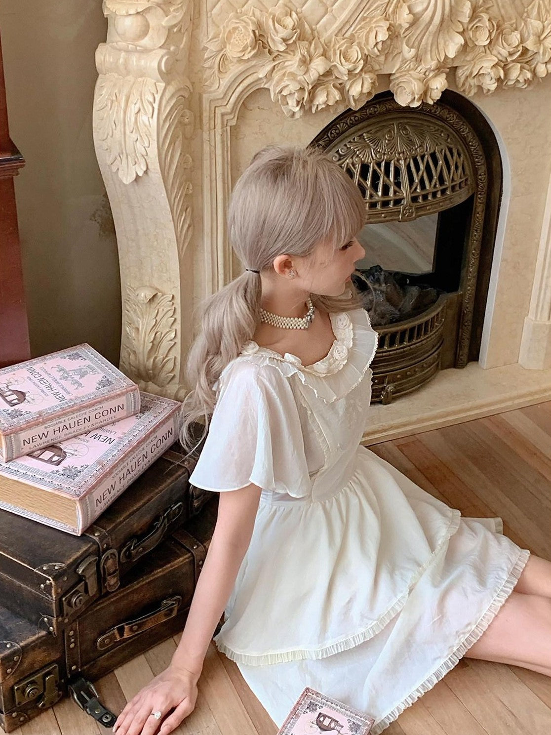 Girly Fancy Club Antique Doll Embroidered Ruffle Sleeve French Waist Women's Casual Mini Dresses