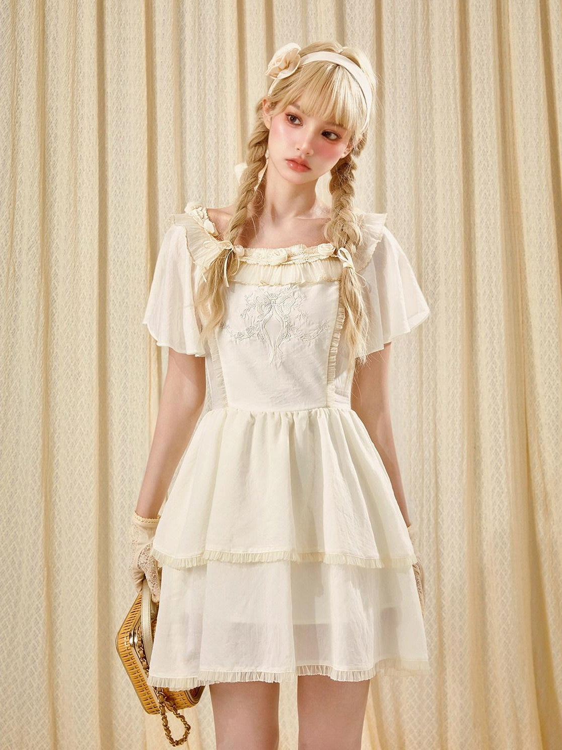 Girly Fancy Club Antique Doll Embroidered Ruffle Sleeve French Waist Women's Casual Mini Dresses