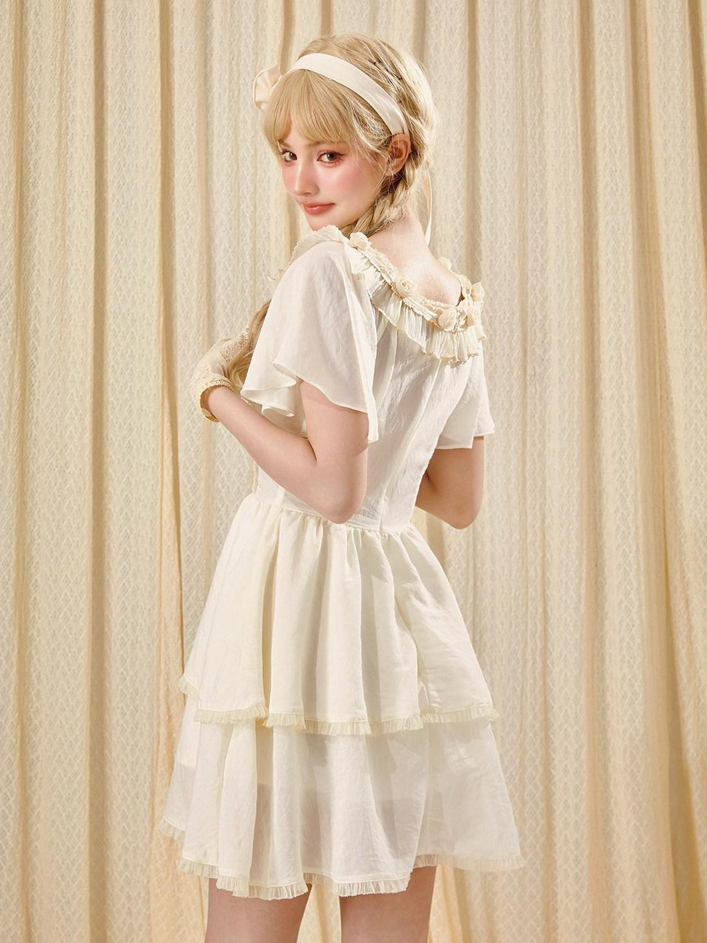 Girly Fancy Club Antique Doll Embroidered Ruffle Sleeve French Waist Women's Casual Mini Dresses