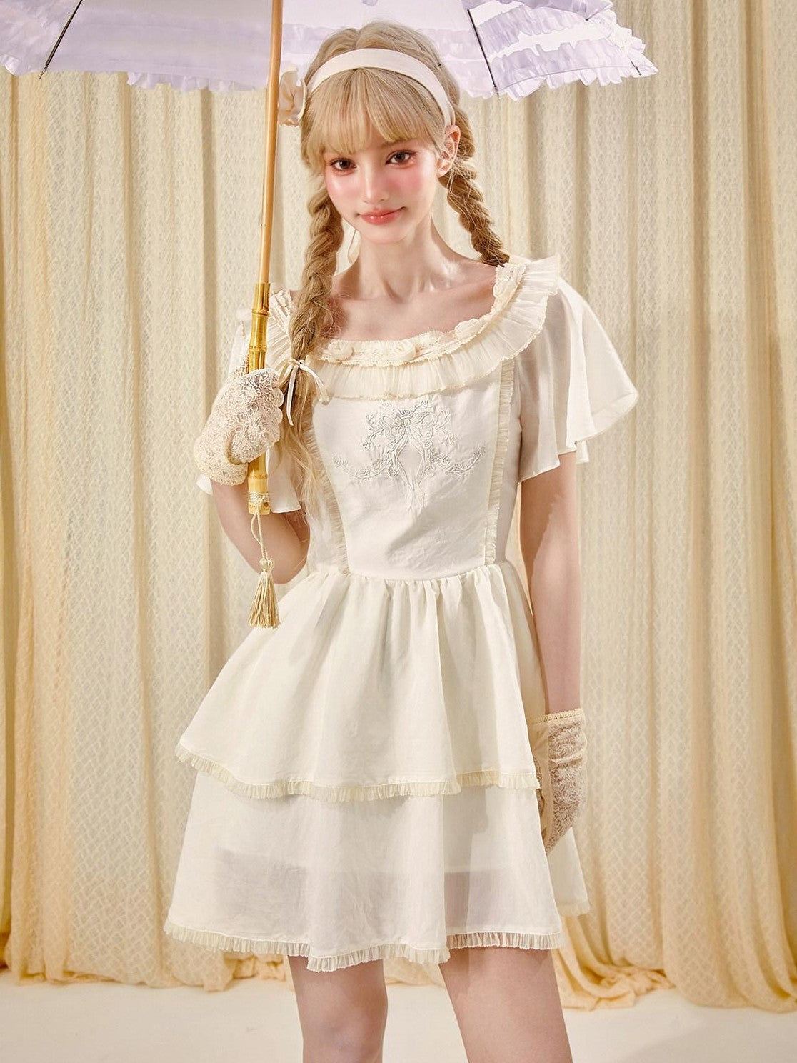 Girly Fancy Club Antique Doll Embroidered Ruffle Sleeve French Waist Women's Casual Mini Dresses