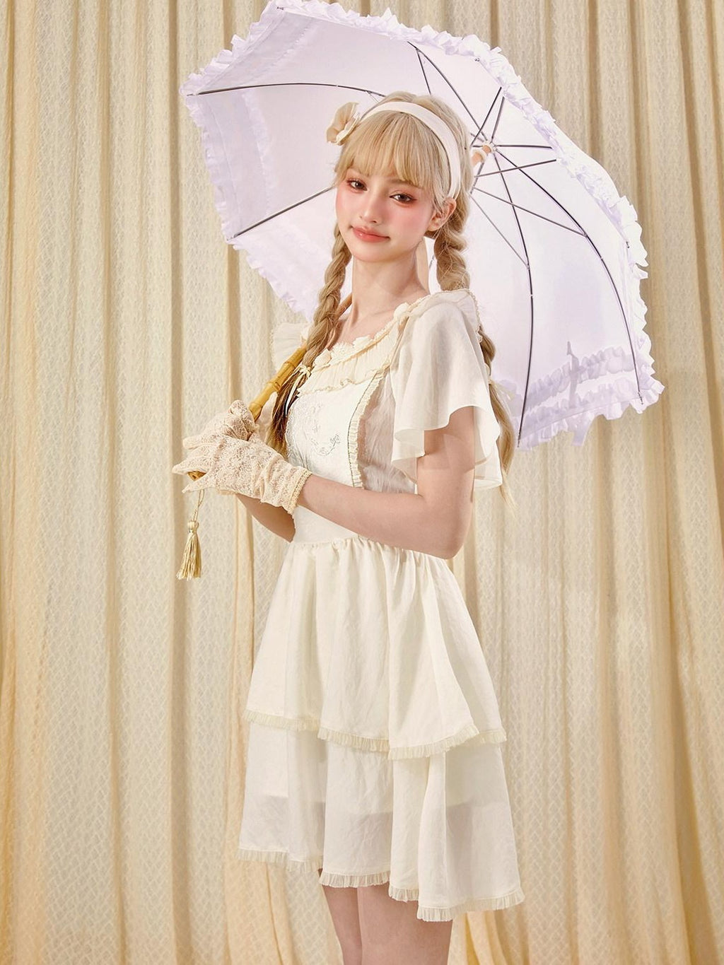 Girly Fancy Club Antique Doll Embroidered Ruffle Sleeve French Waist Women's Casual Mini Dresses