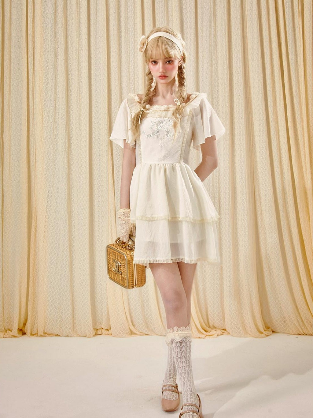 Girly Fancy Club Antique Doll Embroidered Ruffle Sleeve French Waist Women's Casual Mini Dresses