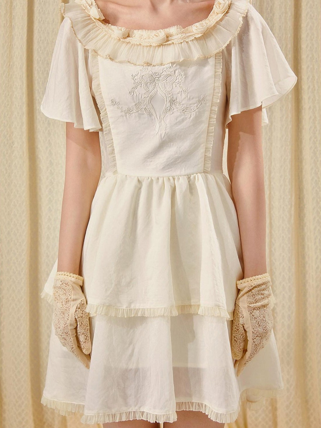Girly Fancy Club Antique Doll Embroidered Ruffle Sleeve French Waist Women's Casual Mini Dresses