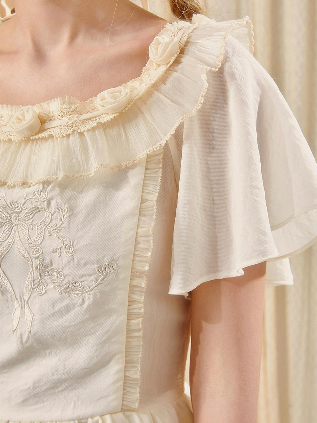 Girly Fancy Club Antique Doll Embroidered Ruffle Sleeve French Waist Women's Casual Mini Dresses