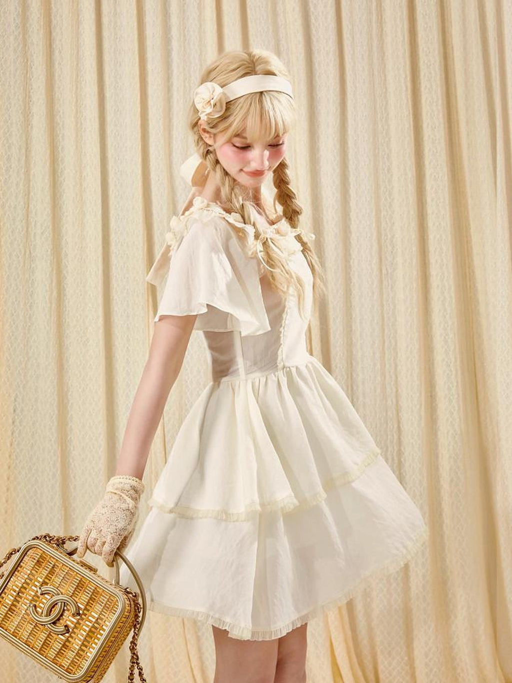 Girly Fancy Club Antique Doll Embroidered Ruffle Sleeve French Waist Women's Casual Mini Dresses