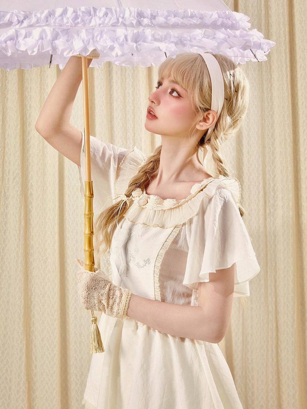 Girly Fancy Club Antique Doll Embroidered Ruffle Sleeve French Waist Women's Casual Mini Dresses