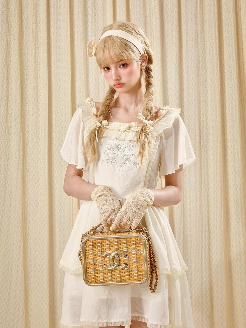 Girly Fancy Club Antique Doll Embroidered Ruffle Sleeve French Waist Women's Casual Mini Dresses