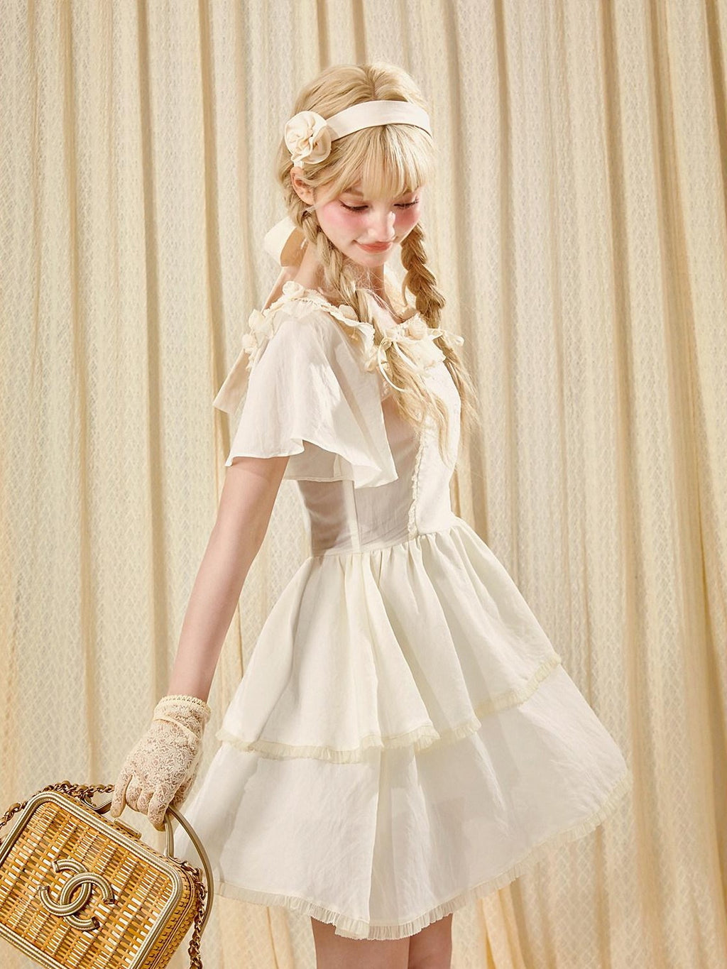Girly Fancy Club Antique Doll Embroidered Ruffle Sleeve French Waist Women's Casual Mini Dresses