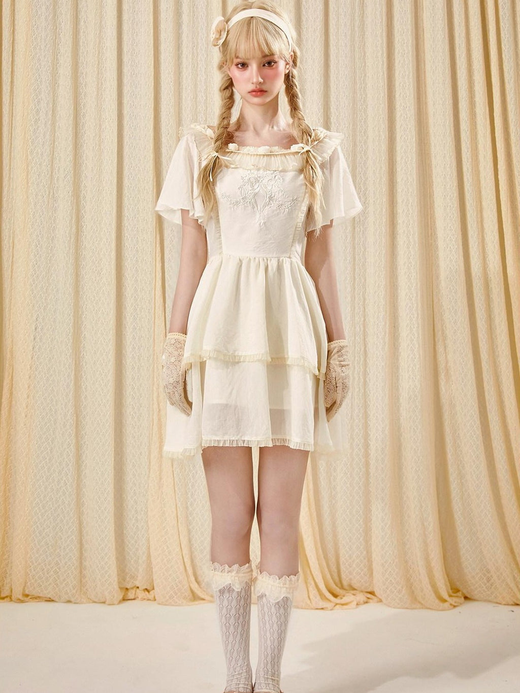 Girly Fancy Club Antique Doll Embroidered Ruffle Sleeve French Waist Women's Casual Mini Dresses