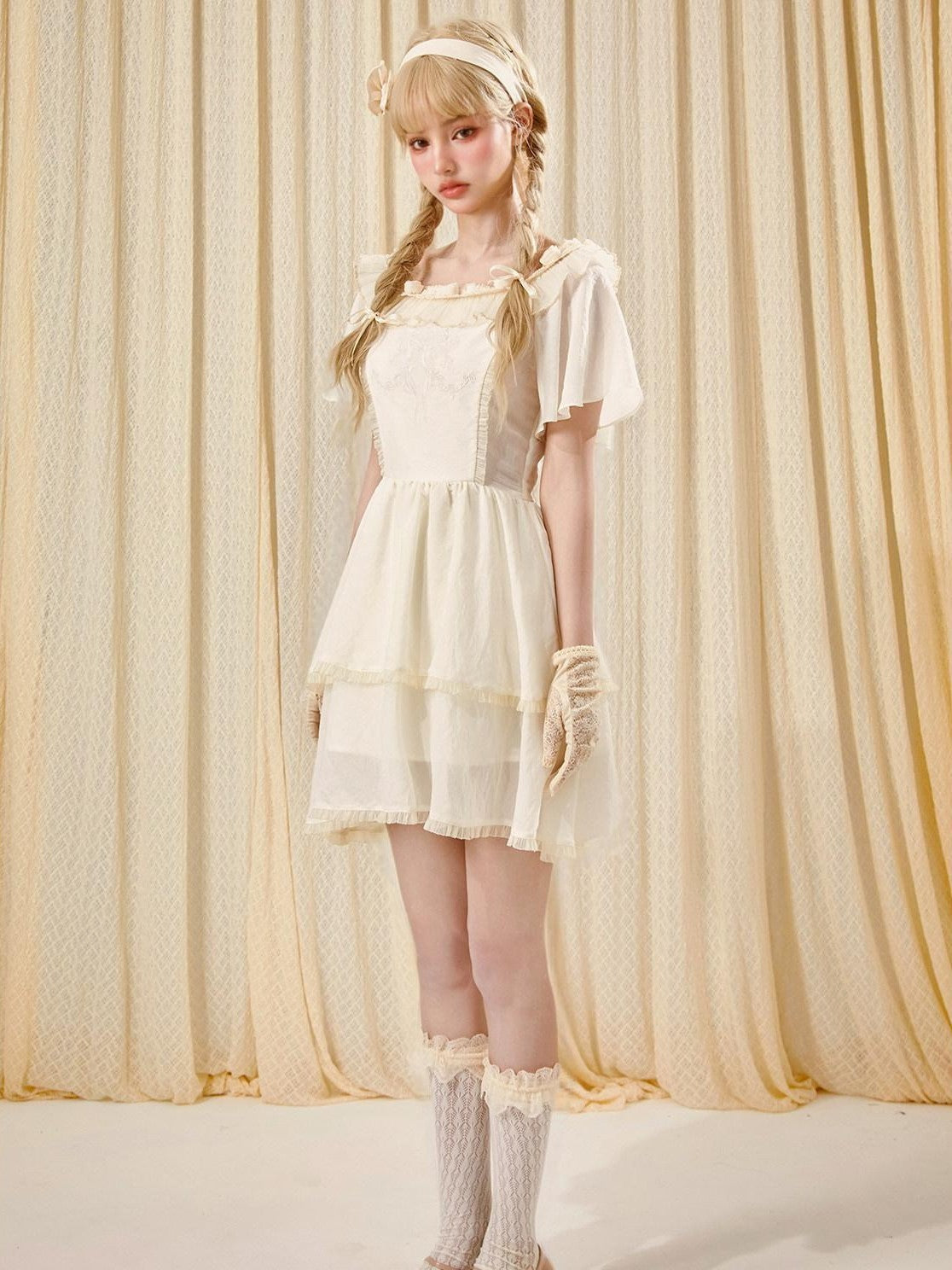 Girly Fancy Club Antique Doll Embroidered Ruffle Sleeve French Waist Women's Casual Mini Dresses