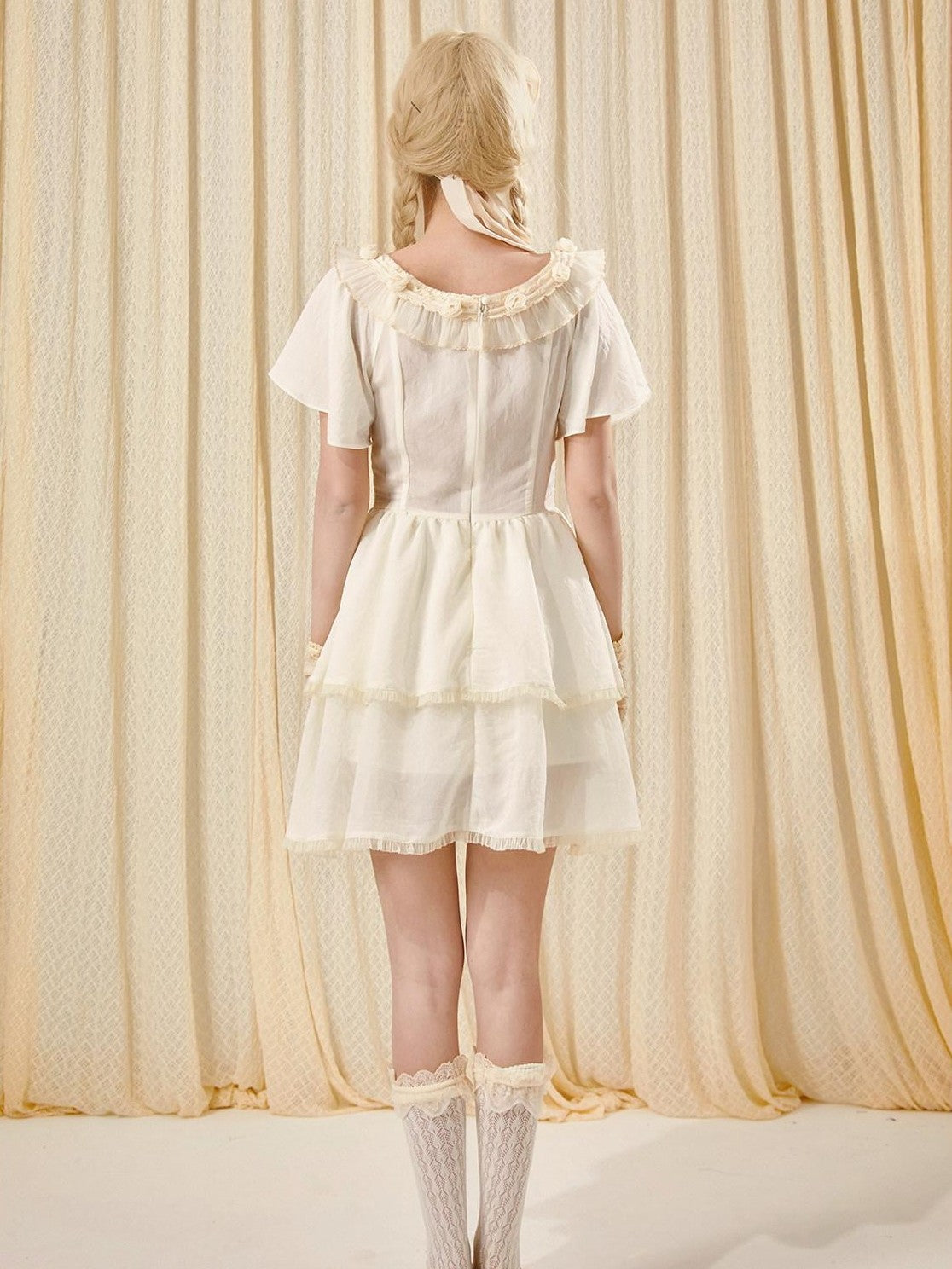 Girly Fancy Club Antique Doll Embroidered Ruffle Sleeve French Waist Women's Casual Mini Dresses