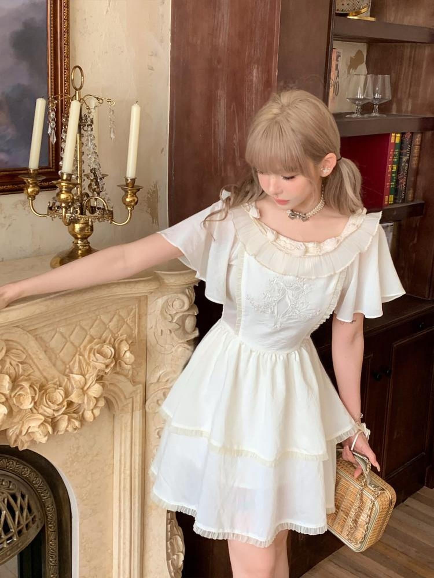 Girly Fancy Club Antique Doll Embroidered Ruffle Sleeve French Waist Women's Casual Mini Dresses