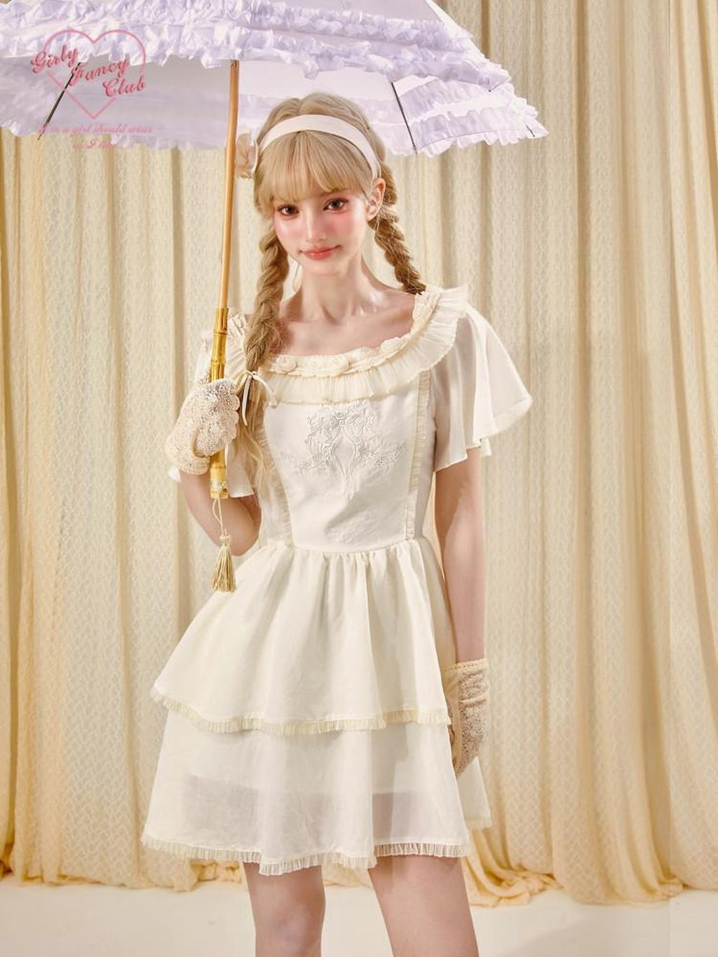 Girly Fancy Club Antique Doll Embroidered Ruffle Sleeve French Waist Women's Casual Mini Dresses