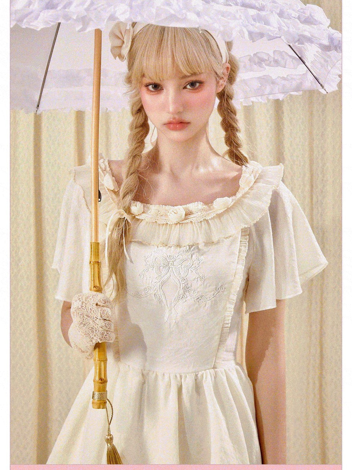 Girly Fancy Club Antique Doll Embroidered Ruffle Sleeve French Waist Women's Casual Mini Dresses